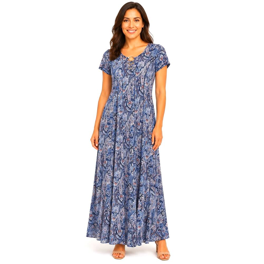 Cato Women's Multicolor Paisley Print Metal Rings Detail  Maxi Dress